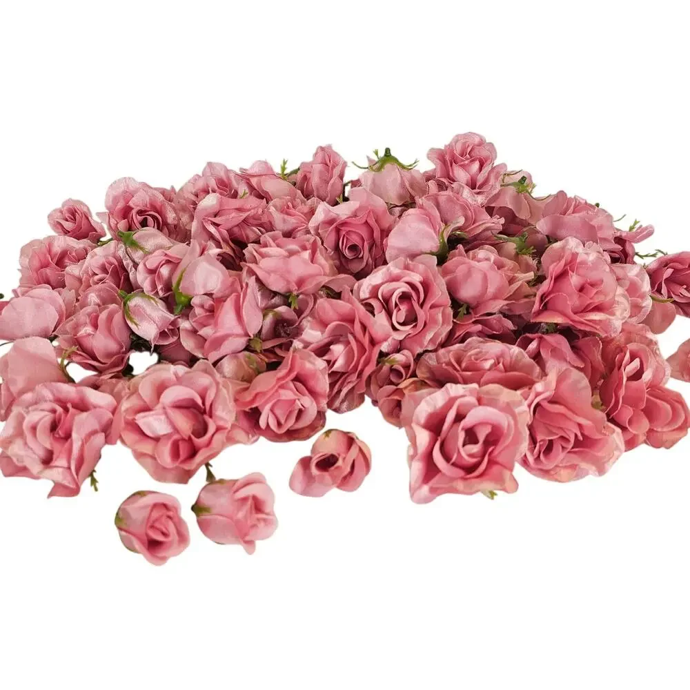 105 Pink Satin Rose Heads Lot Open Roses Buds Stemless Wedding Craft Flower
